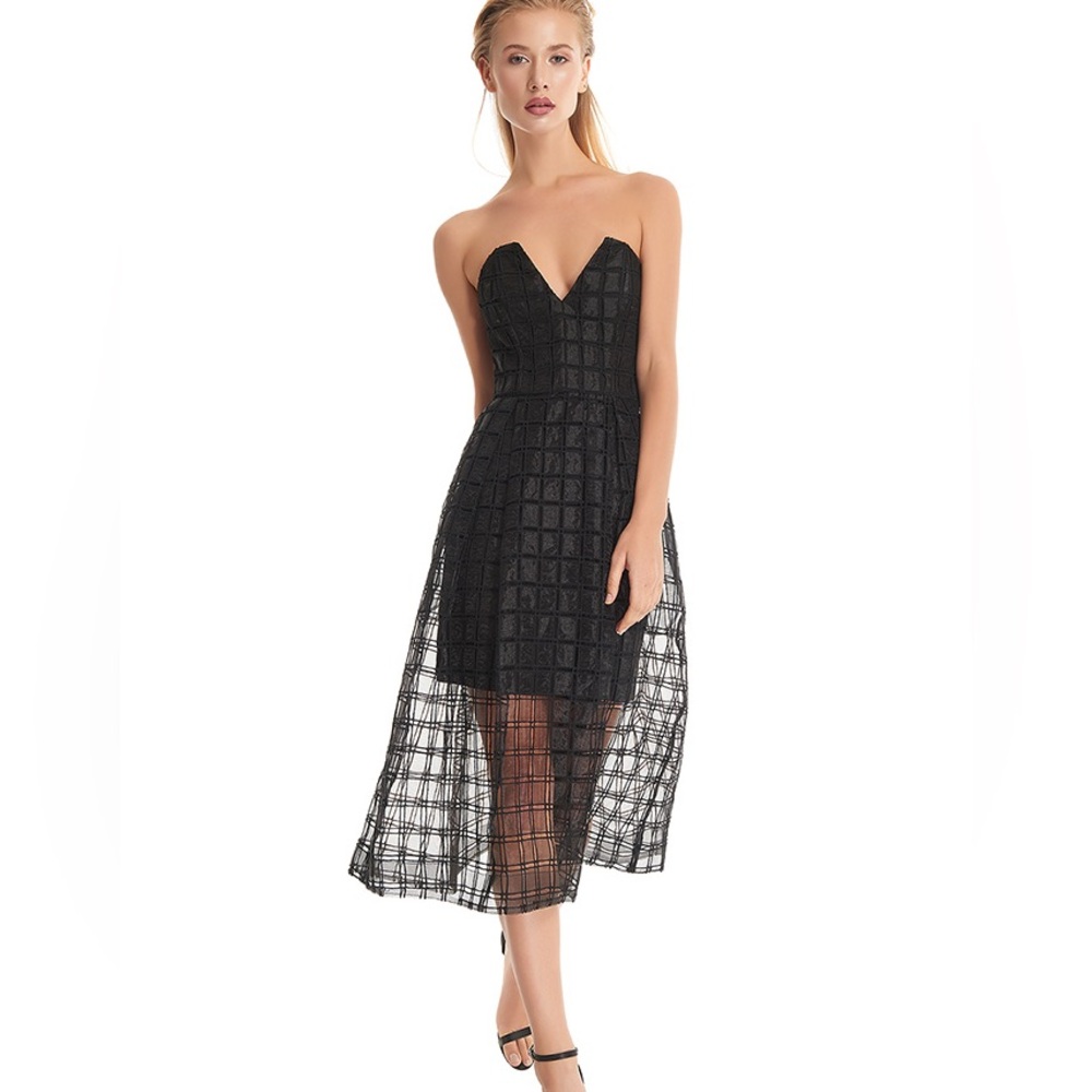 Nicholas sheet plaid mesh strapless midi dress